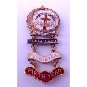 Gold Filled Enameled Methodist Sunday School Pin with 2nd, 3rd, 4th 5th year add